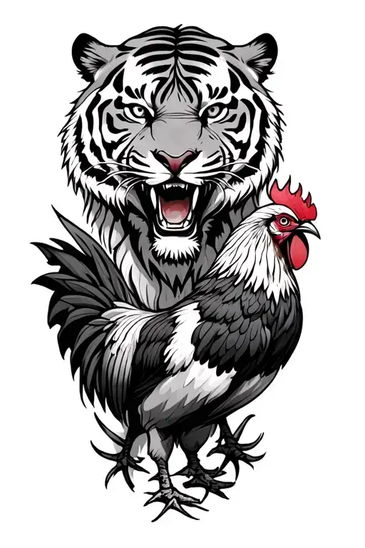 A Fierce Tiger Protecting A Rooster