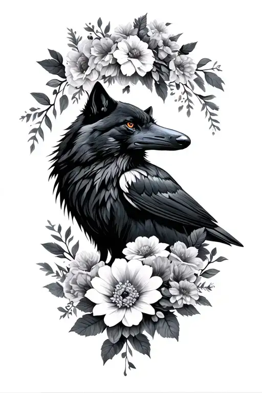 Raven And A Wolf With Flowers