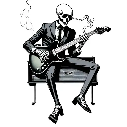 A Skeleton Playing Electric Guitar Sitting On A Amplifier Smoking A Cigarette Wearing A Suit And Tie