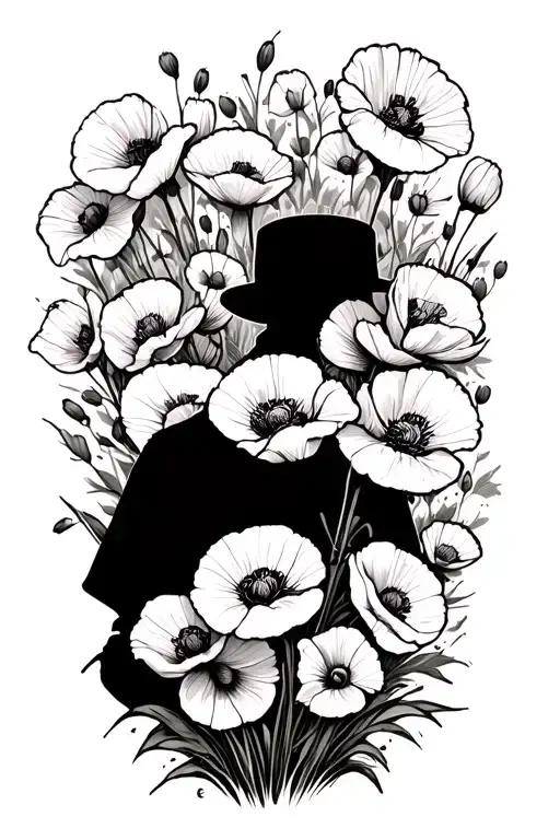Lone Soldier Silhouette Filled With Poppies Blooming