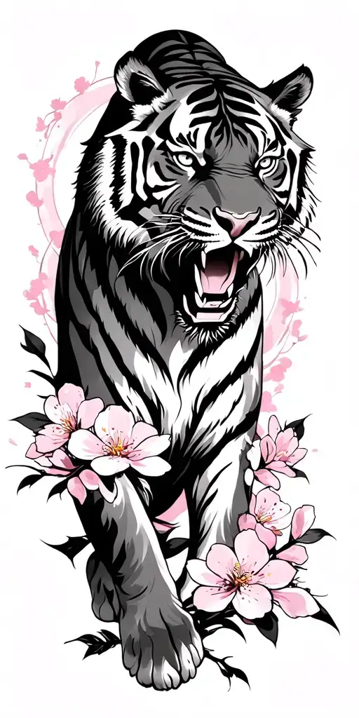 Tiger With A Cherry Blossom Backdrop