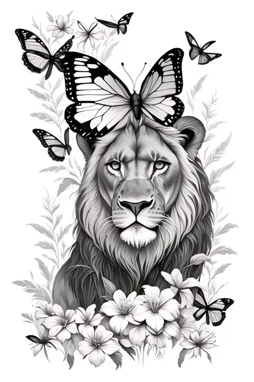 Adult Lion Facing Front Butterfly Flowers