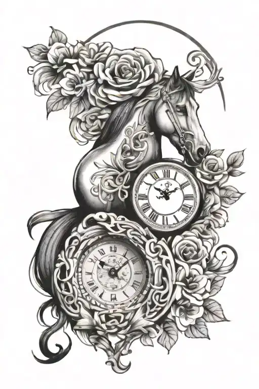Horse Shoe With Clock And Flowers