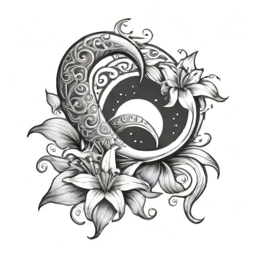 Crescent Moon Draped With Small Lilies And Heart