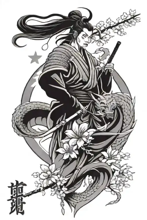 Samurai With Dragon And Sakura And Yin And Yang