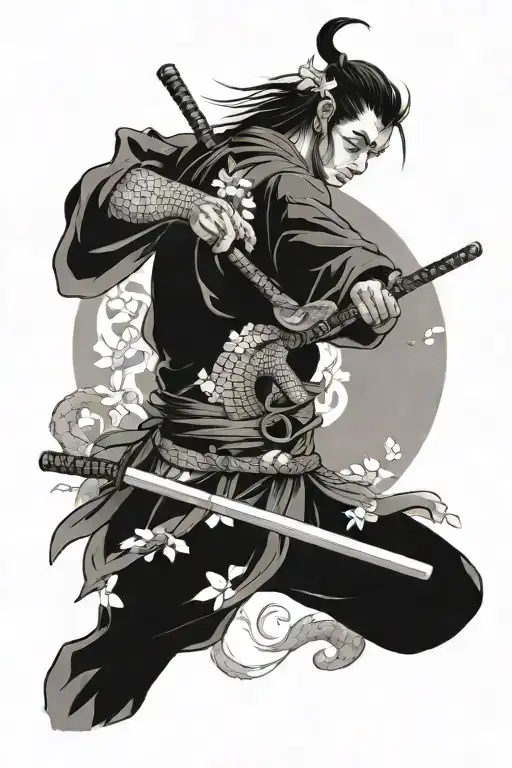 Samurai With Dragon And Sakura And Yin And Yang