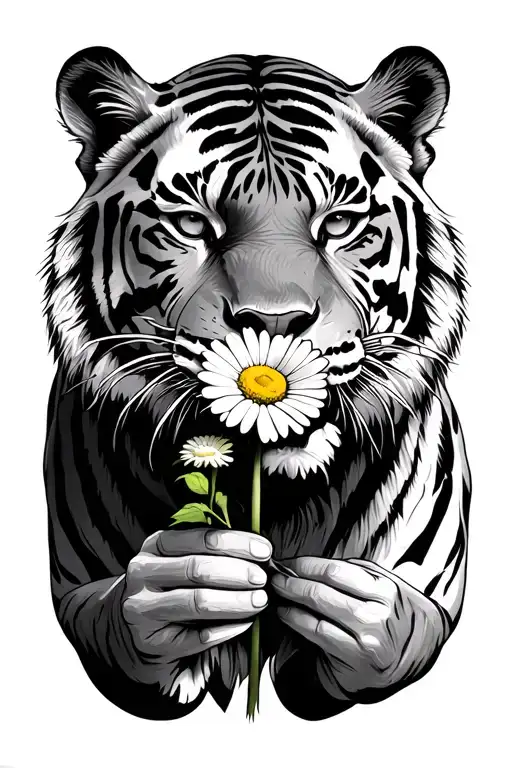 Tiger Holding A Daisy In His Mouth