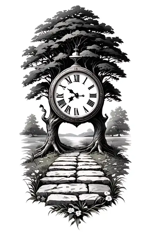 Tree With Clock Face Stone Pathway Leading To W Initial