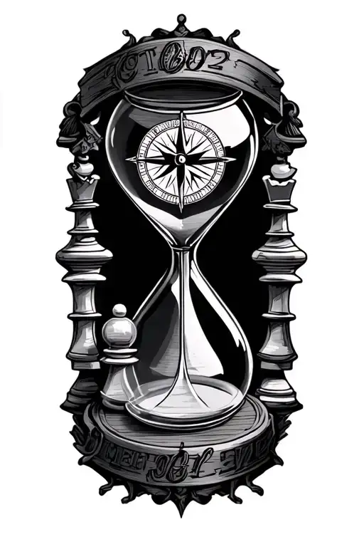 Hour Glass With Compass And Chess Pieces Arranged