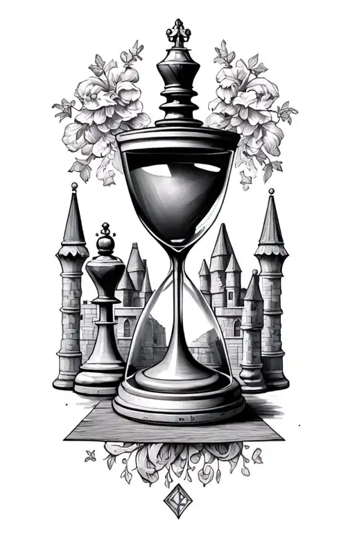Hour Glass And King And Queen Chess Pieces Arranged With A Bishop And A Castle