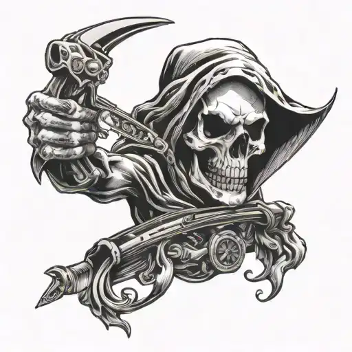 Death Skull With Scythe While Pointing A Gun