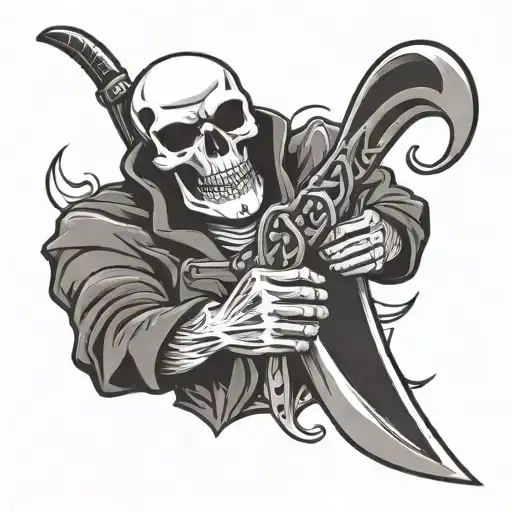 Death Skull Holding A Scythe Then Pointing A Gun