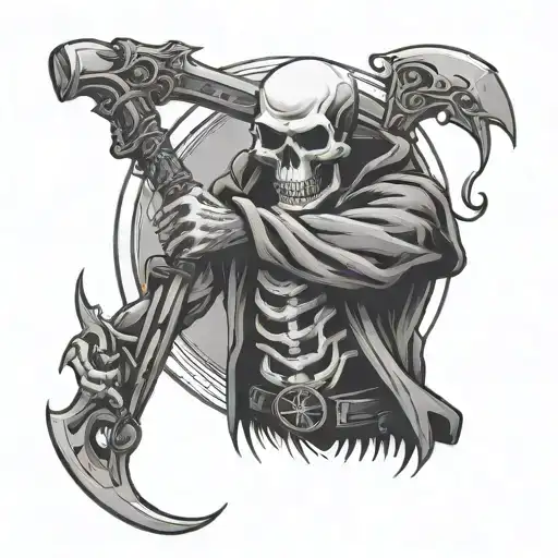 Death Skull Standing Holding A Scythe Then Pointing A Gun