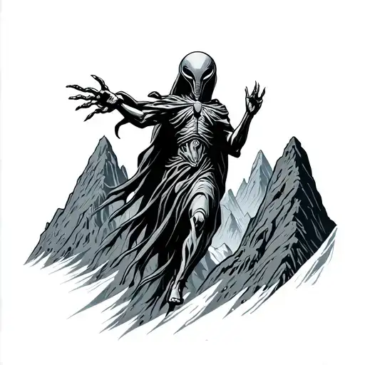 Alien Running Mountains Incorporate God Figure Surrounded