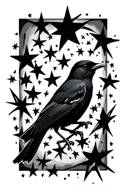 Blackbird Silhouette 5 Point Stars Scattered