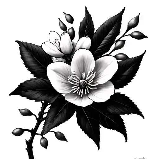 Simple Minimalist Cherry Blossoms And Hyacinth Intertwined Black And White Tattoo On Upper Arm