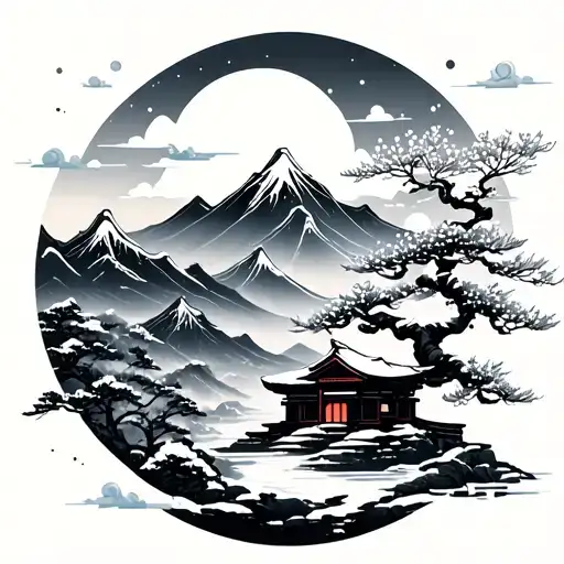 Japanese Mountains In The Snow With Cherry Blossoms And Swirl Clouds And A Bonsai Tree