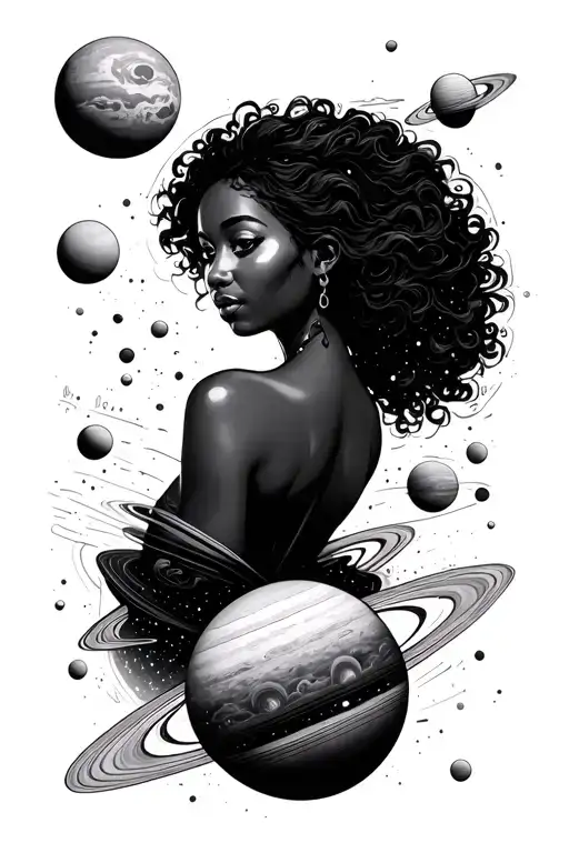 Black Women Surrounded By The Solar System Planets