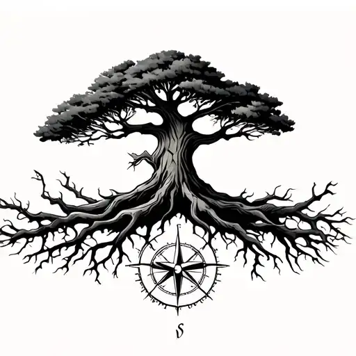Old Tree With Compass In The Roots
