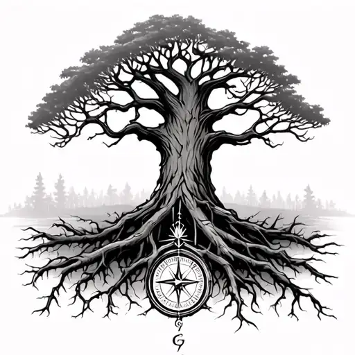 Old Tree With Compass In The Roots