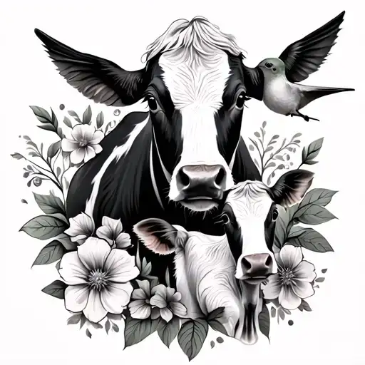 Arm Sleeve Of Mama Cow With Calf Surrounded By Flowers And A Humming Bird