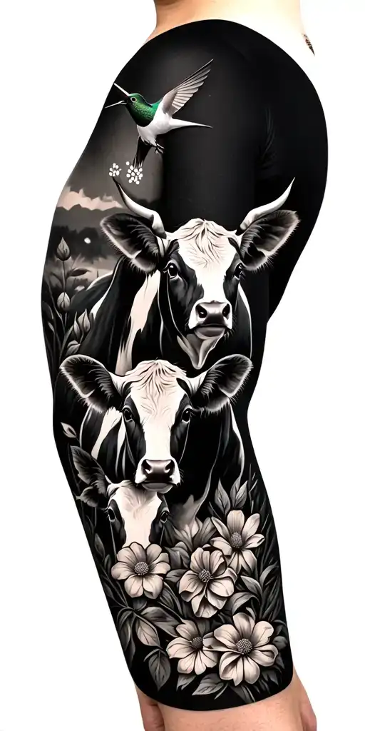 Arm Sleeve Of Mama Cow With Calf Surrounded By Flowers And A Humming Bird