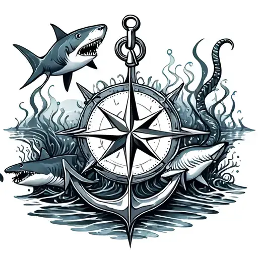 Underwater Scenes With Sharks Compass And Anchor
