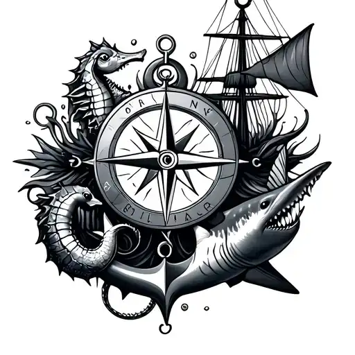Underwater Scenes With Hammered Sharks Compass And Anchor And Ship And Seahorses