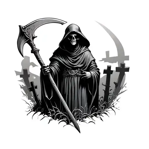 Grim Reaper Holding A Scythe And Graveyard