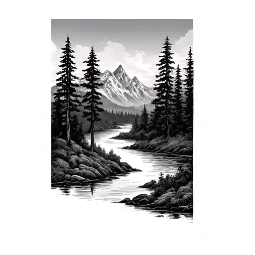 Trees And River And Mountain Range