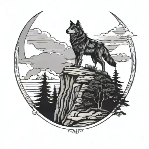 Lone Wolf Standing On A Cliff Under A Crescent Moon