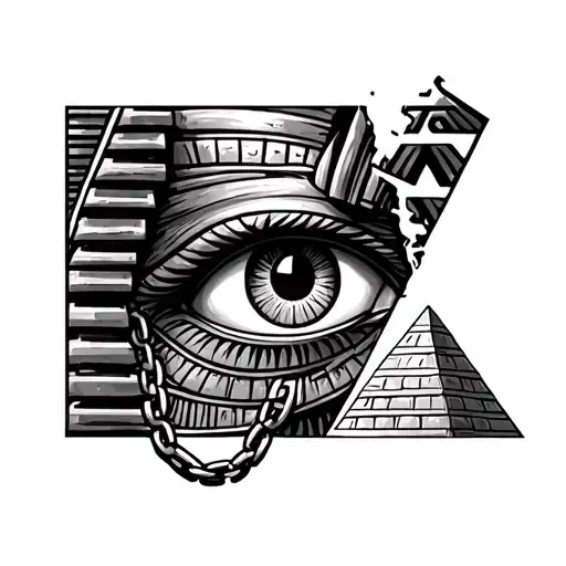 Horus Eye With A Chain Broken By A Pharaoh Face Within Pyramids