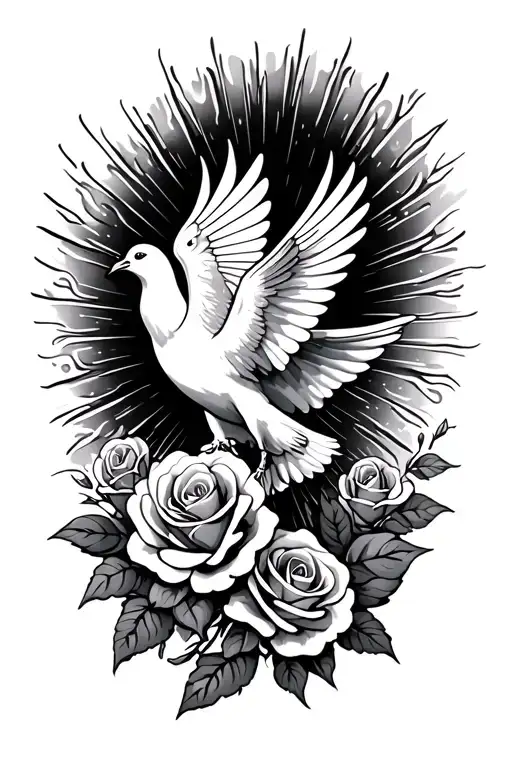 Dove Tattoo With Rays Of Light And Roses Around It
