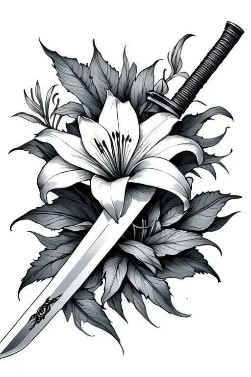 Katana Sword And Death Lily Flower Surrounded