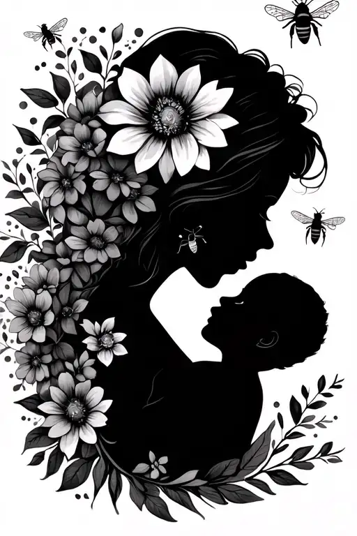 Silhouette Of Mom And Baby With Flowers And Bees Buzzing