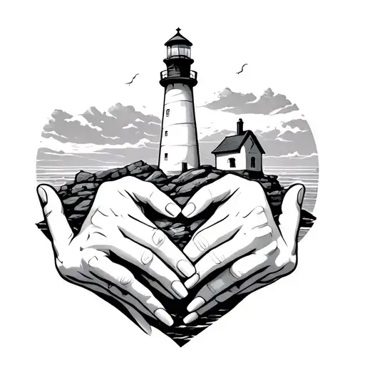 Hands Forming A Heart Holding A Lighthouse On Rocks