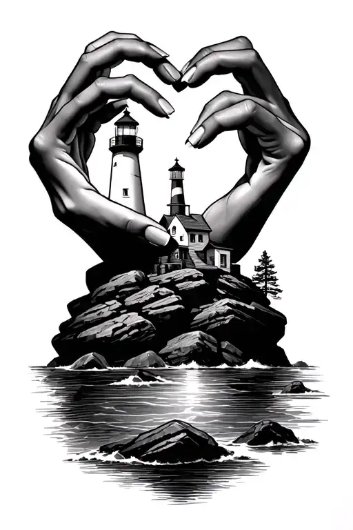 Hands Forming A Heart Holding A Lighthouse On Rocks