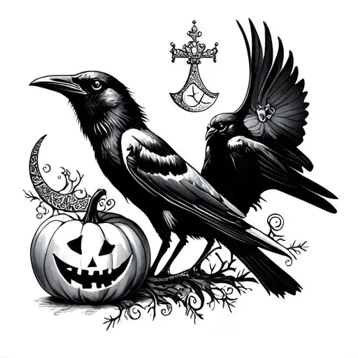 Raven And Pumpkin And Crescent Moon And Tiara