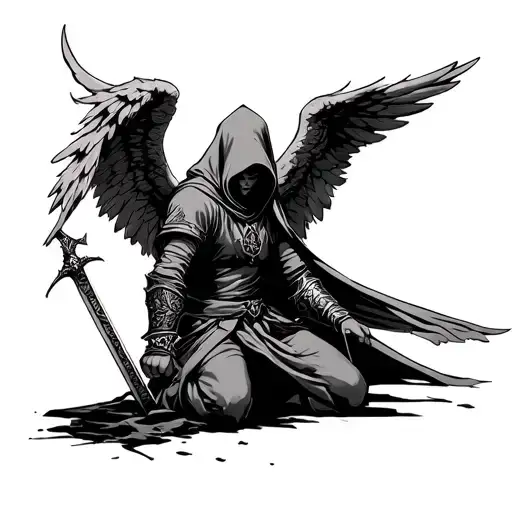 Hooded Angel Warrior With Wings Kneeling On One Knee With Sword Facing Down