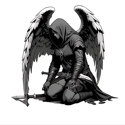 Hooded Angel Warrior With Wings Kneeling On 1 Knee With Sword Facing Down
