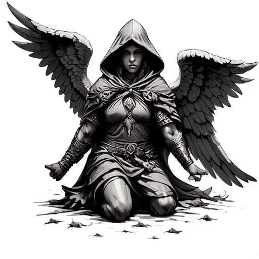 Hooded Angel Warrior With Wings Landing On Ground With One Knee On The Ground