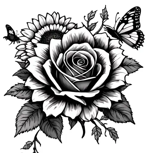 A Rose And Sunflowers With Vines And A Butterfly On Upper Arm