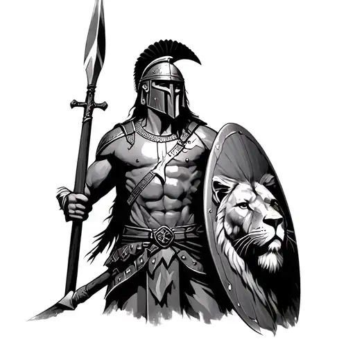 Spartan Warrior With Spear And Sheild And A Lion Woth A Cross Scar Over The Left Eye