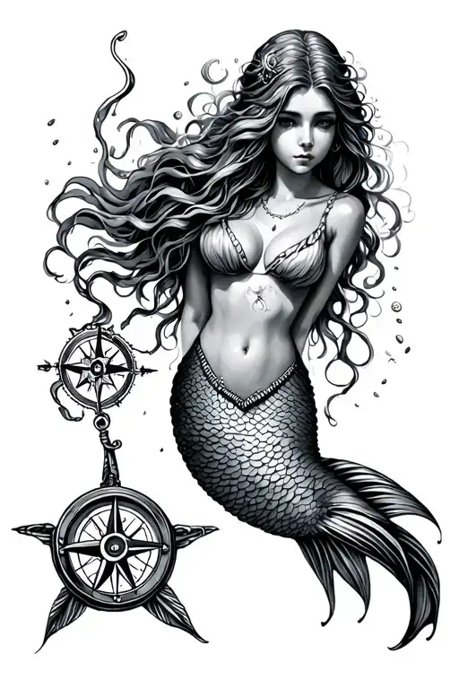 Mermaid Underwater And Compass