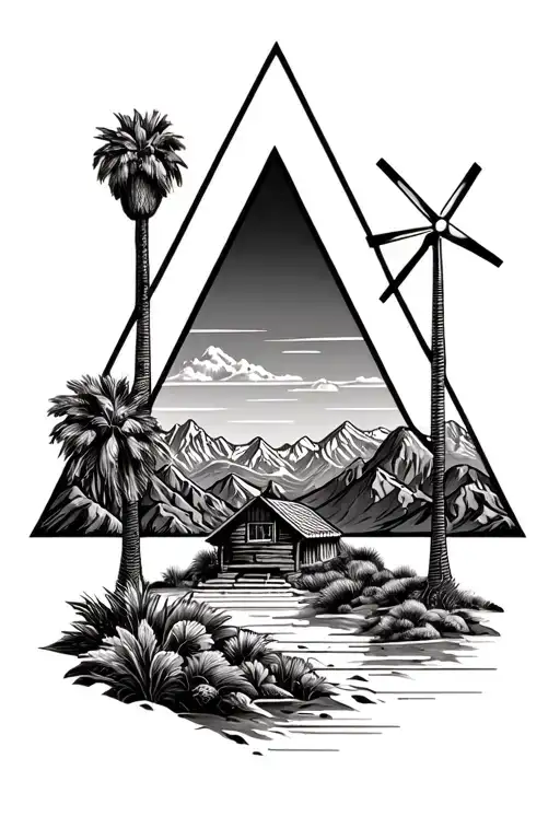 Palm Springs Mountains And 3 Triangles Add Windmills And Palm Trees