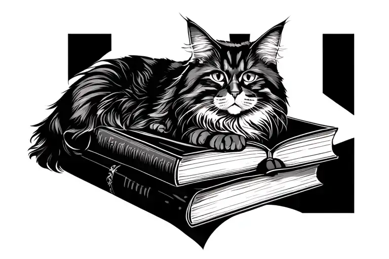 One Line Main Coon On Books Stacked Top Book Open
