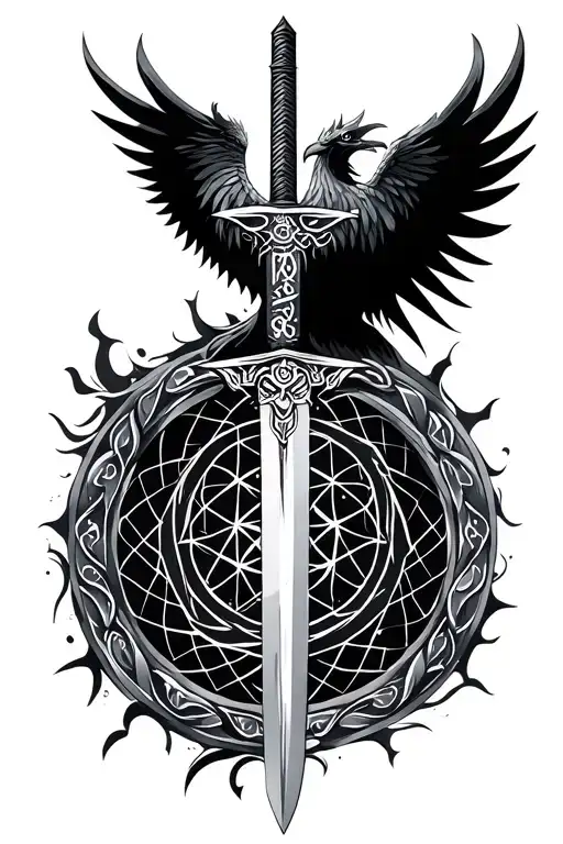 A Sacred Geometry Pattern With A Sword And A Phoenix With A Sacred Sanskrit Mantra