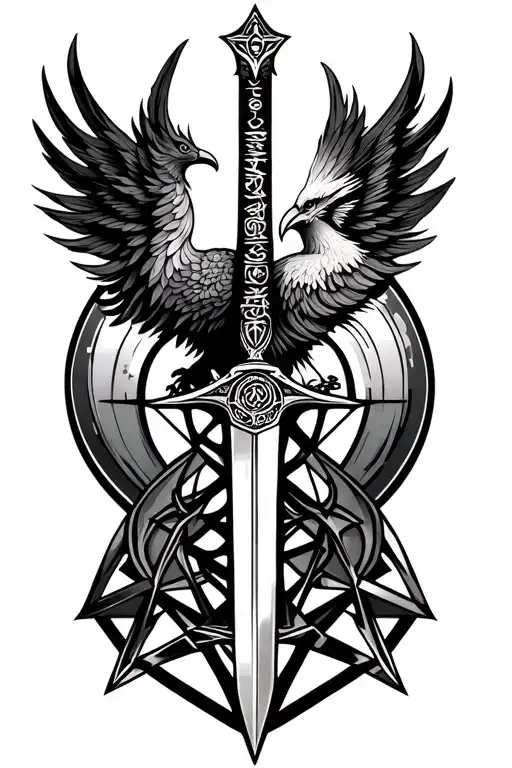 A Sacred Geometry Pattern With A Sword And A Phoenix With A Sacred Sanskrit Mantra