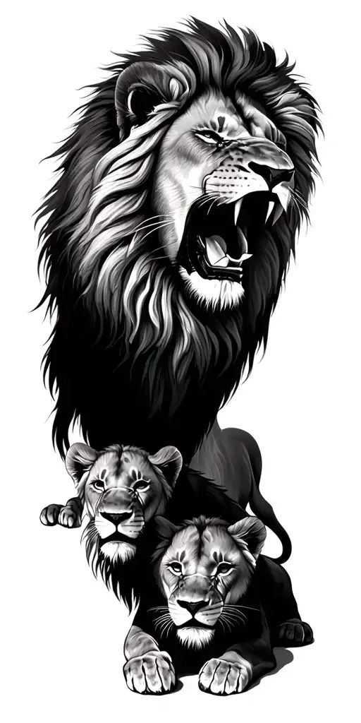 A Lion Head Roars And Tre Baby Lions Laining Under The Big Lion