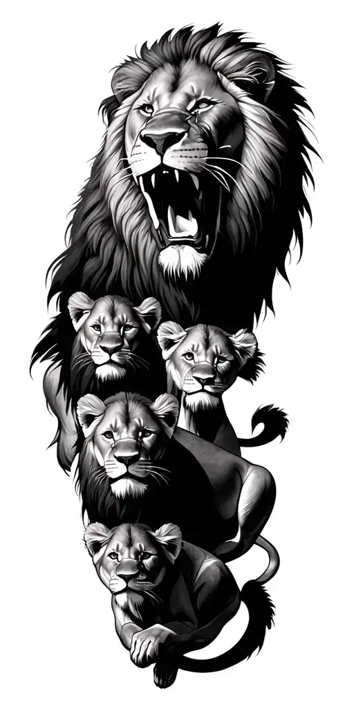 A Lion Head Roars And Tre Baby Lions Laining Under The Big Lion And A American Egela